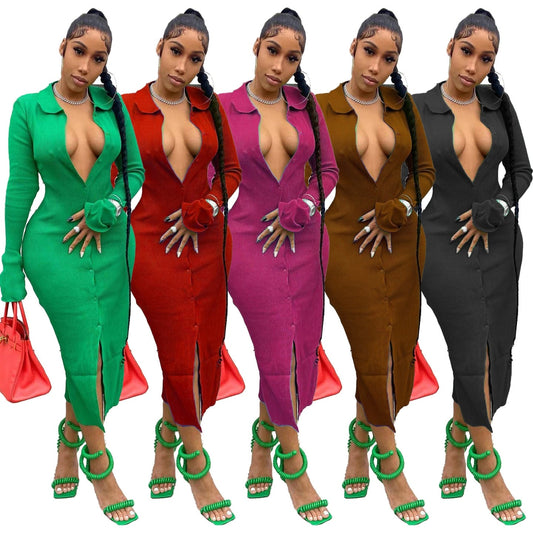 sixsr Womens Fashion Long Sleeve Knitted Button Midi Dress Turn Down Collar Slim Sexy Dresses Autumn Ribbed Robe Women Clothing Vestidos