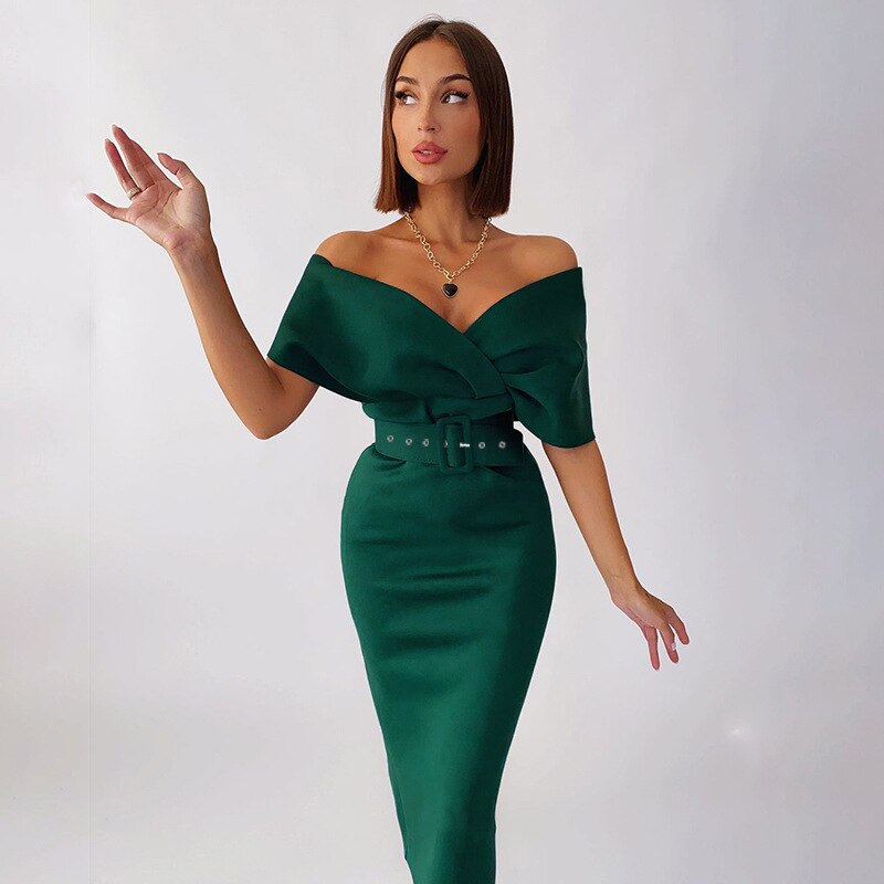sixsr Women Sexy Elegant Off The Shoulder Dresses Autumn Summer Vintage Streetwear Club Party Female V-Neck Dress With A Belt