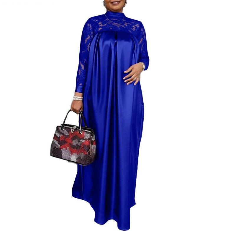 Summer Kaftan Party Dress Bohemian Women Long Sleeve Mock Neck Lace Patchwork Maxi Long Dress Robe Longues Oversized