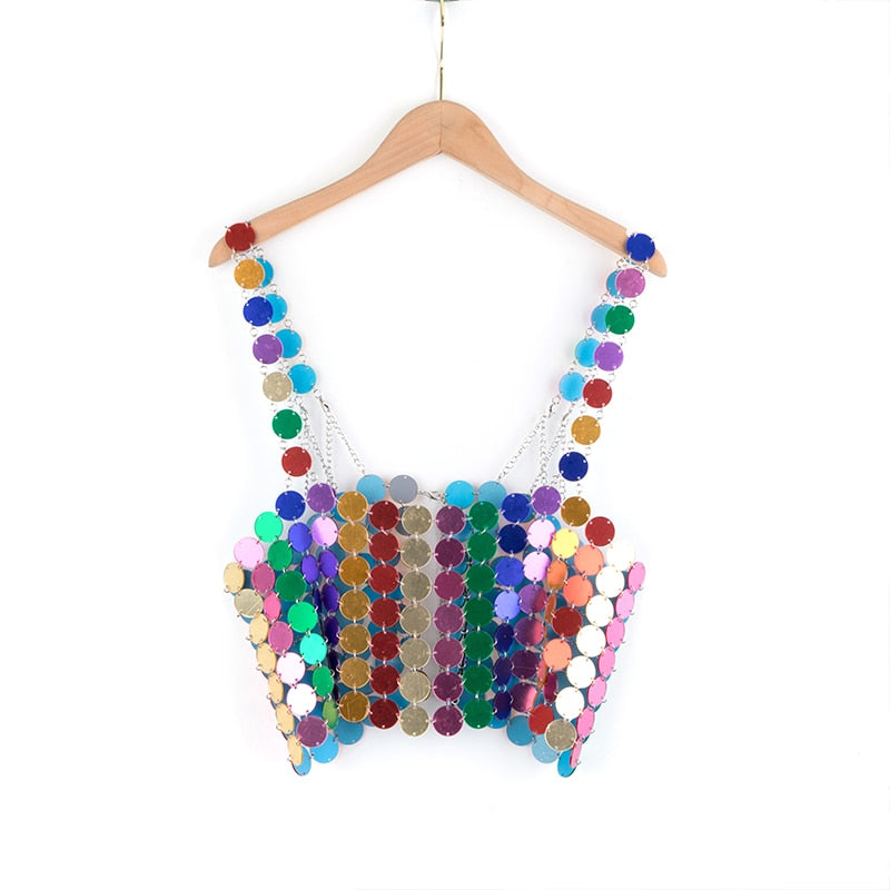 Leqoel Women Sequined Tank Tops for Women Fashion Female Clothing Shiny Metal Shoulder Strap Sexy Backless Mesh Crop Top