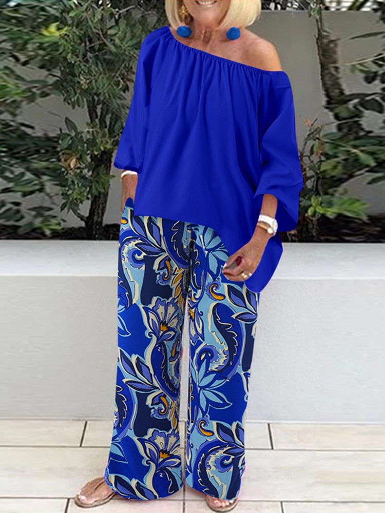 Pants Sets Fashion One Shoulder 3/4 Sleeve Tops Floral Print Wide Leg Trouser Women Two Piece Sets Casual Loose Suit