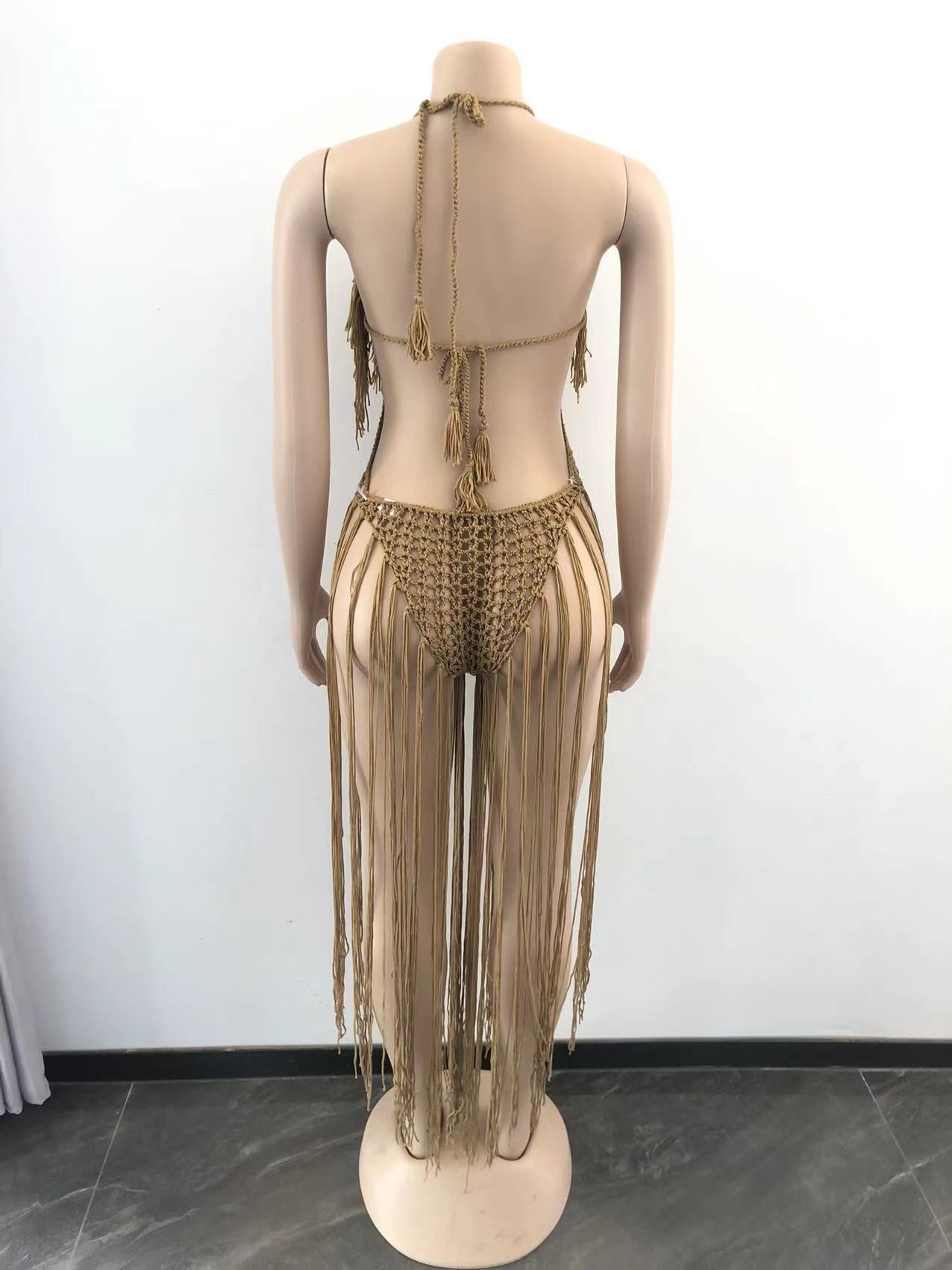 sixsr  Fashion Trends Knit Rib Tassel Bodysuit Rompers Sexy Fishnet Halter Lace Up V Neck See Through Jumpsuit Women Summer Beach Wear One Piece Dress