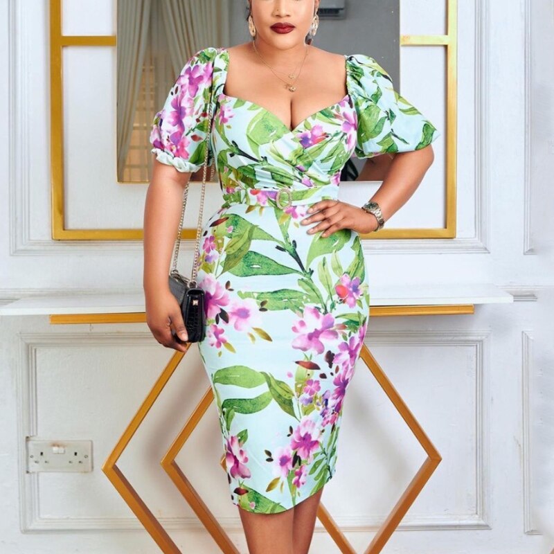 Women Summer Printed Bodycon Dresses Puff Short Sleeve Wrapped High Waist Fitted Midi Dress with Belt Office Party Clothes