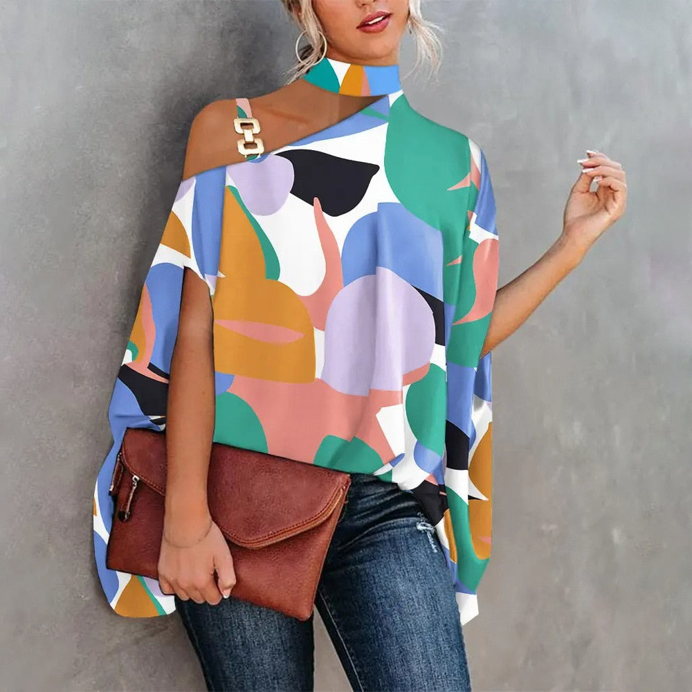 Women Metal Halter Hollow Out Print Top Patchwork Short Sleeve Loose Summer Blouse Femme Fashion Pullovers Casual Youth New