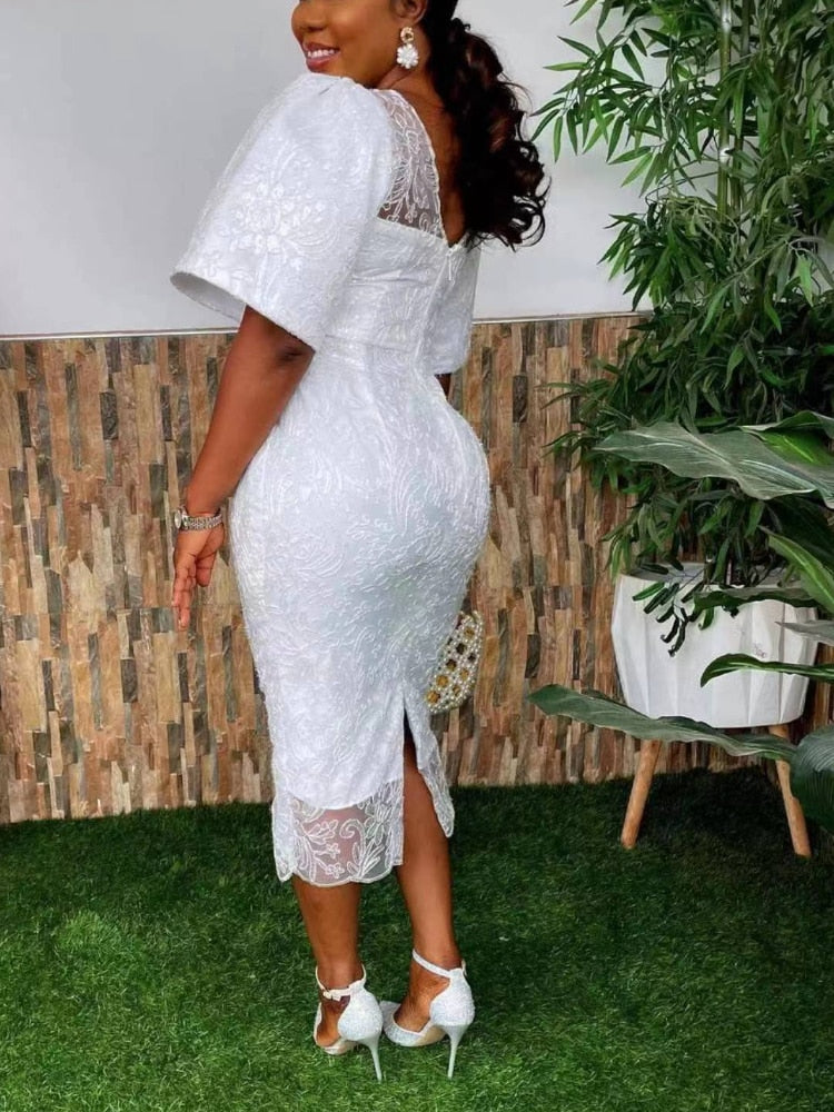 Women's Elegant Floral Lace Bodycon Dress Short Sleeve Square Neck V Back Midi Length Wedding Guest Party Cocktail Dress XXXL