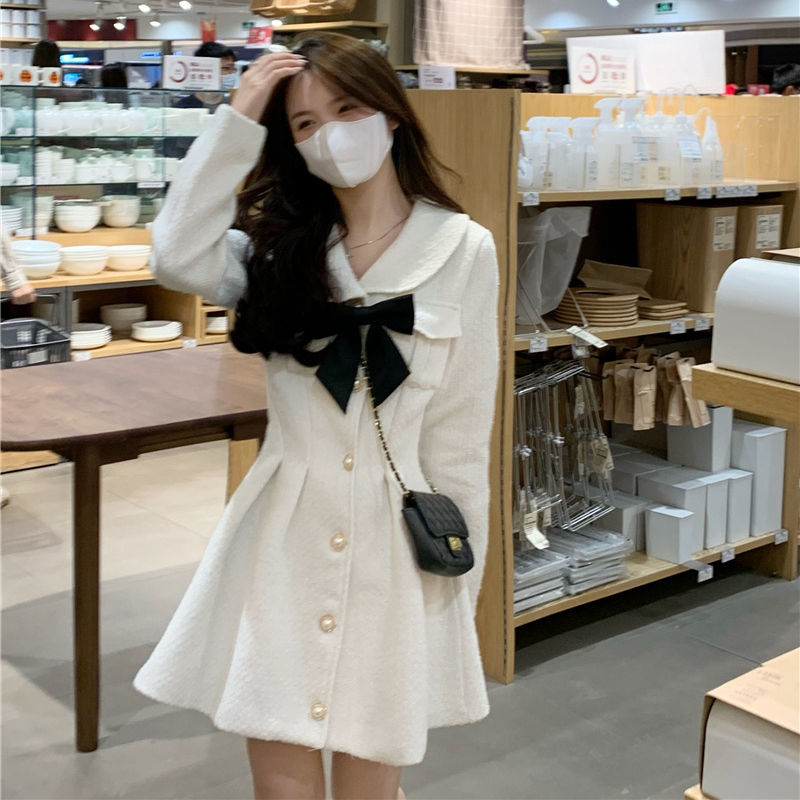 sixsr Fall Fashion Sweet Kawaii Lolita White Dress Women Japanese Soft Peter Pan Collar Cute Short Dresses Elegant Autumn Bow