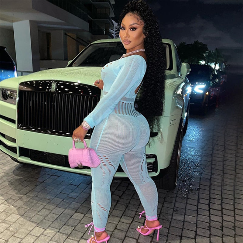 sixsr Hollow Out Knitted Mesh Jumpsuits Women Sexy See Through Long Sleeve Hipster Stretchy Skinny Overalls Clubwear Romper