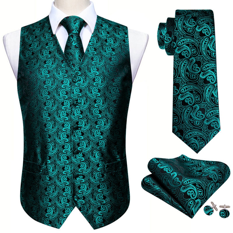 Sixsr 4PC Mens Extra Silk Vest Party Wedding Gold Paisley Solid Floral Waistcoat Vest Pocket Square Tie Suit Set Barry.Wang BM-2017