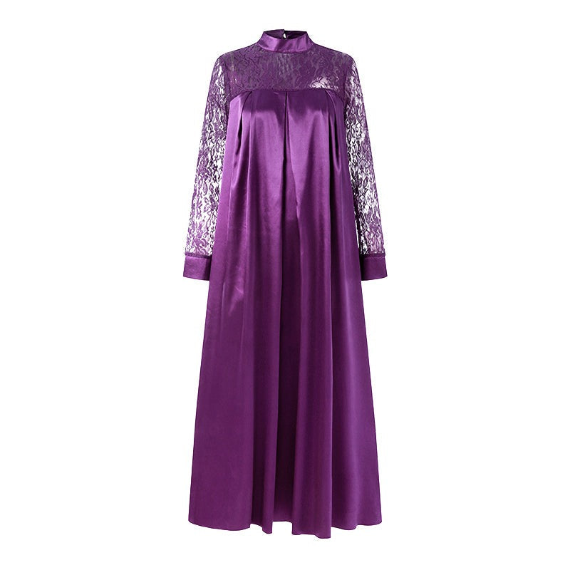 Summer Kaftan Party Dress Bohemian Women Long Sleeve Mock Neck Lace Patchwork Maxi Long Dress Robe Longues Oversized