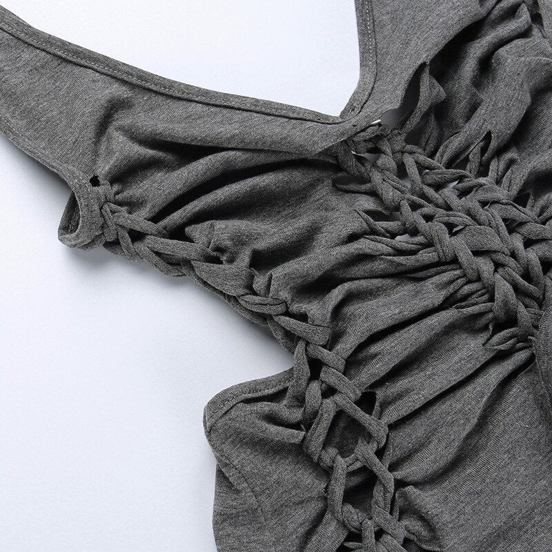 Dark Gray Hollow Out Mini Dress Sexy Drawstring Bandage Backless Summer Dresses for Women Birthday Party Clubwear