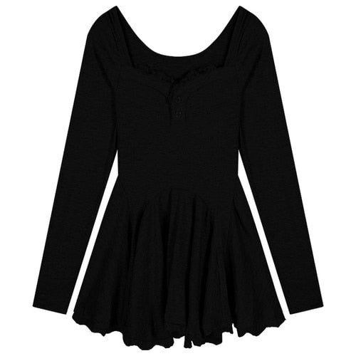 Long Sleeve Lace Mini Dress Woman Lolita Kawaii Dress Party Casual Slim Pure Color Elegant Dress Korean Style Female