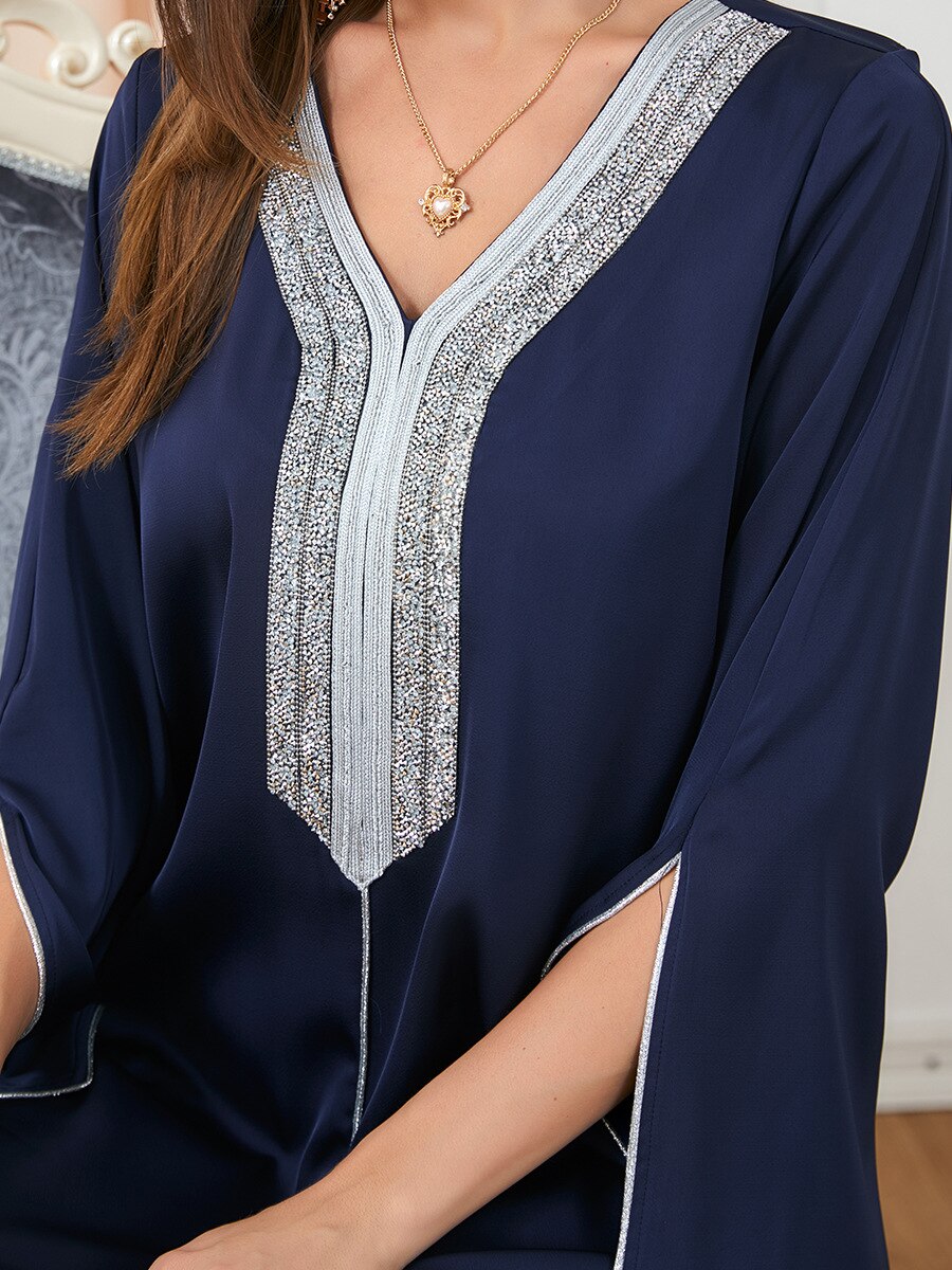 Morocco Party Dress Muslim Women Abaya Prayer Caftan V Neck Diamond Maxi Dresses Robe India Abayas Dubai Longue Vestidos Largos