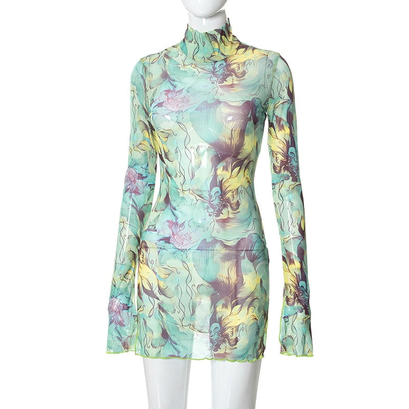 Long Sleeve Printed Tie Dye Bodycon Mini Dress Women Autumn Elegant Party Evening Sexy Fashion Casual Slim Vacation Dresses