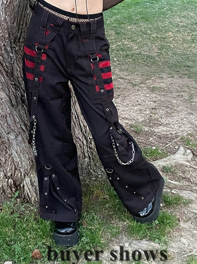 sixsr Fashion Trends Gothic Chain Bandage Wide leg Pants Women Oversize Low Rise Dark Academic Trousers Streetwear 90s Baggy Pant Punk Style