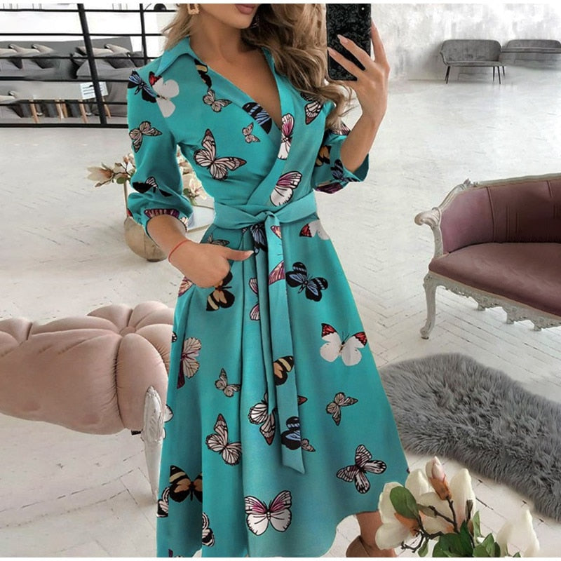 v neck long sleeve spring summer printed dress