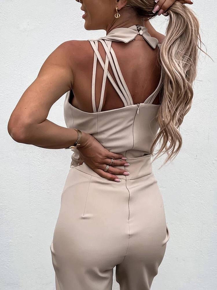 New Solid Casual Women Summer Jumpsuits V-Neck Lace-Up Sleeveless Wide Leg Pants Button Ladies Bodysuits Streetwear