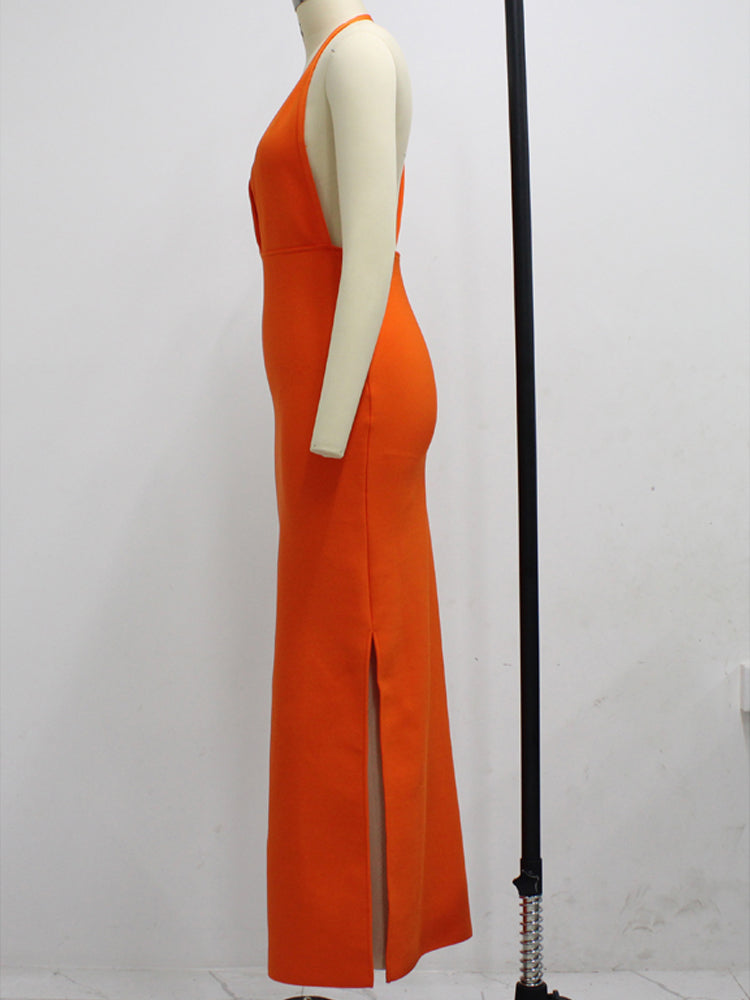 Fashion Trends Draped Backless Women Side Split Evening Club Party Dress New Sexy V Neck Orange Black Long Bandage Dress Vestidos