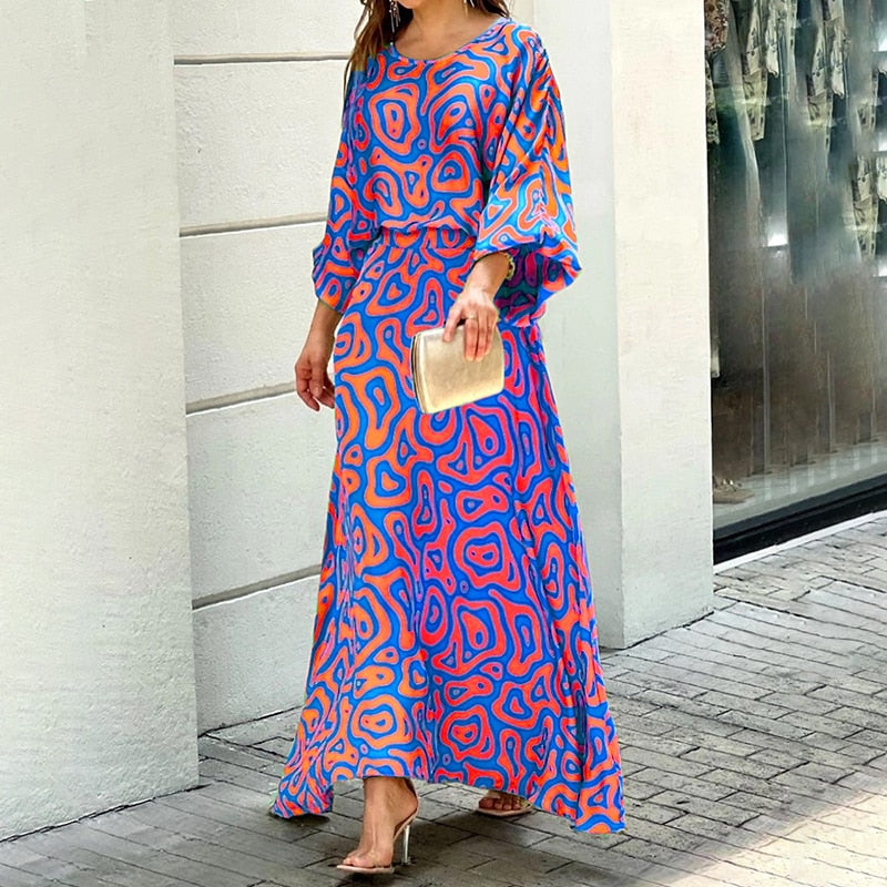 Women Two Piece Set Crew Neck Print Long Lantern Sleeve Top Elegant Dress High Streetwear Casual Beach Suit
