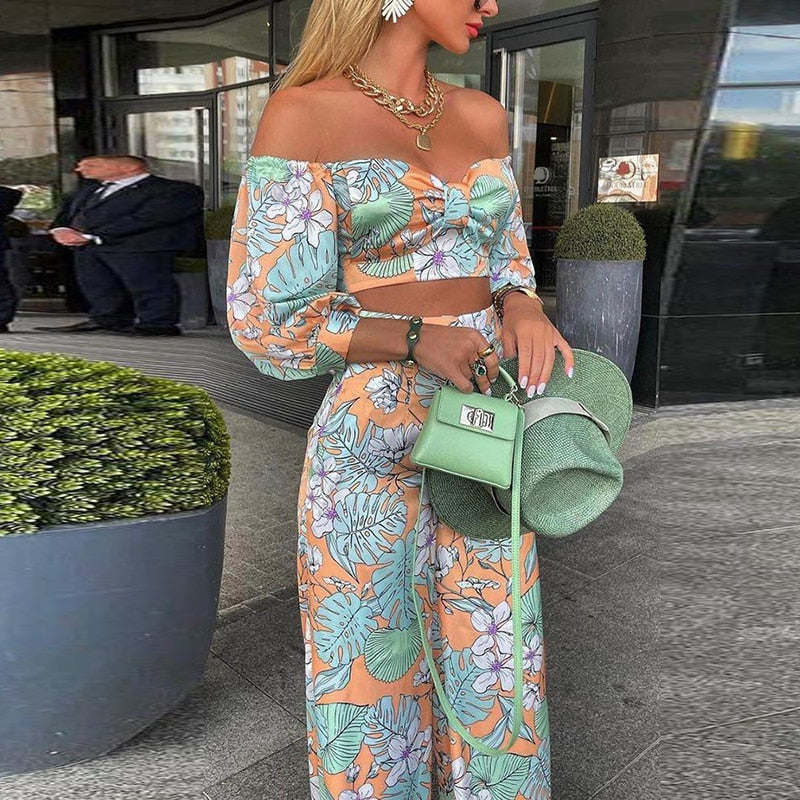 sixsr  Women Fashion Two Piece Sets Print  Suits Summer Beach Streetwear Autumn 2 Piece SetsTops +Elegant Long Pants