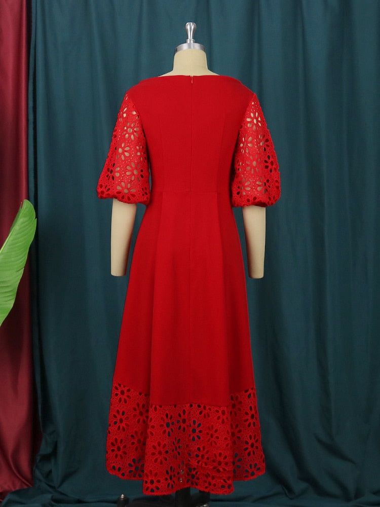 sixsr Women Red Dress Off Shoulder Lace Hollow Out Patchwork A Line Pleat Elegant Party Large Size Lady Female Homecoming Robes Gowns
