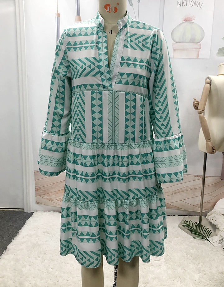 V neck Swing Women Daily Cotton Bell Sleeve Printed Tribal Summer Dress