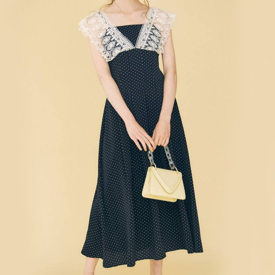 sixsr Hot Sales Lace Ruffle Long Dress Patchwork Elegant Vintage High Waist Sleeveless Lace Dot Dresses Woman Summer Sweet Dress New