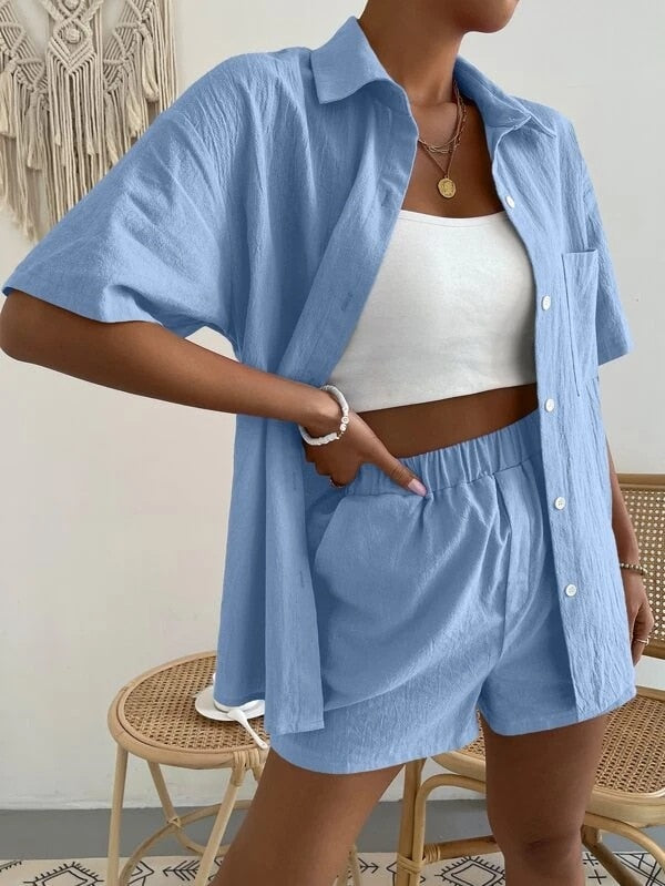 Long Sleeve Single-breasted Top + Broad-legged Shorts Set Fashion Ladies Sexy Solid Suits Summer 2 Piece Outfits For Women