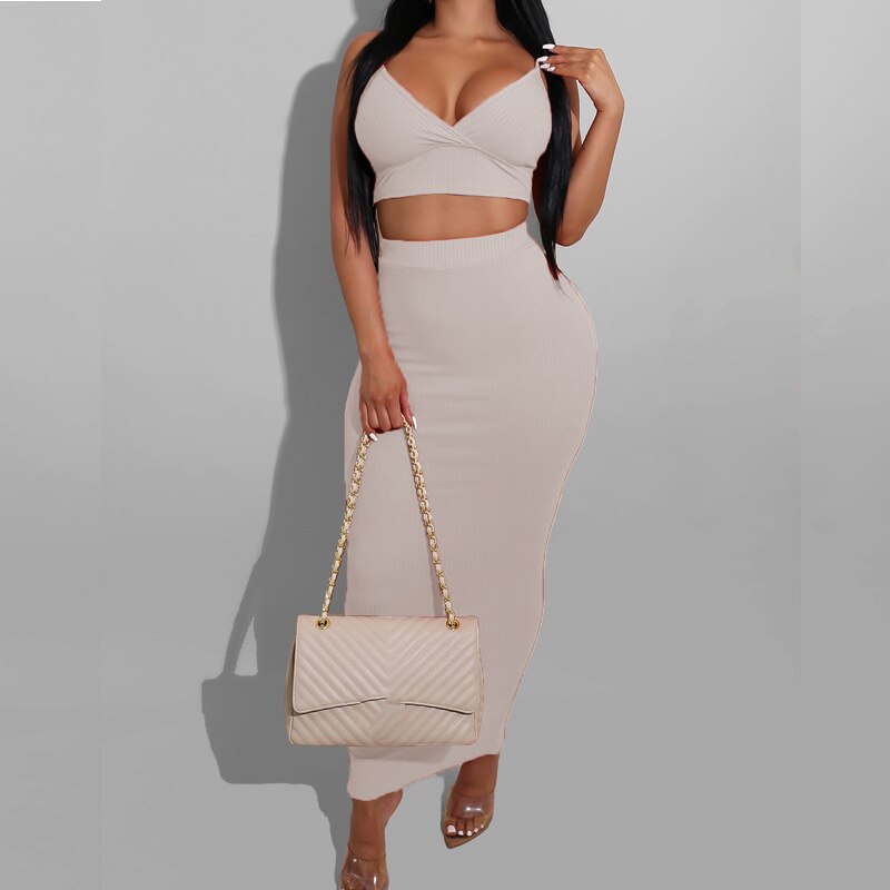 sixsr Sexy Two Piece Sets V-Neck Long Sleeve Crop Top Knitted Long Skirt Party Women Sets Wrap Club Bodycon 2 Pieces Outfits