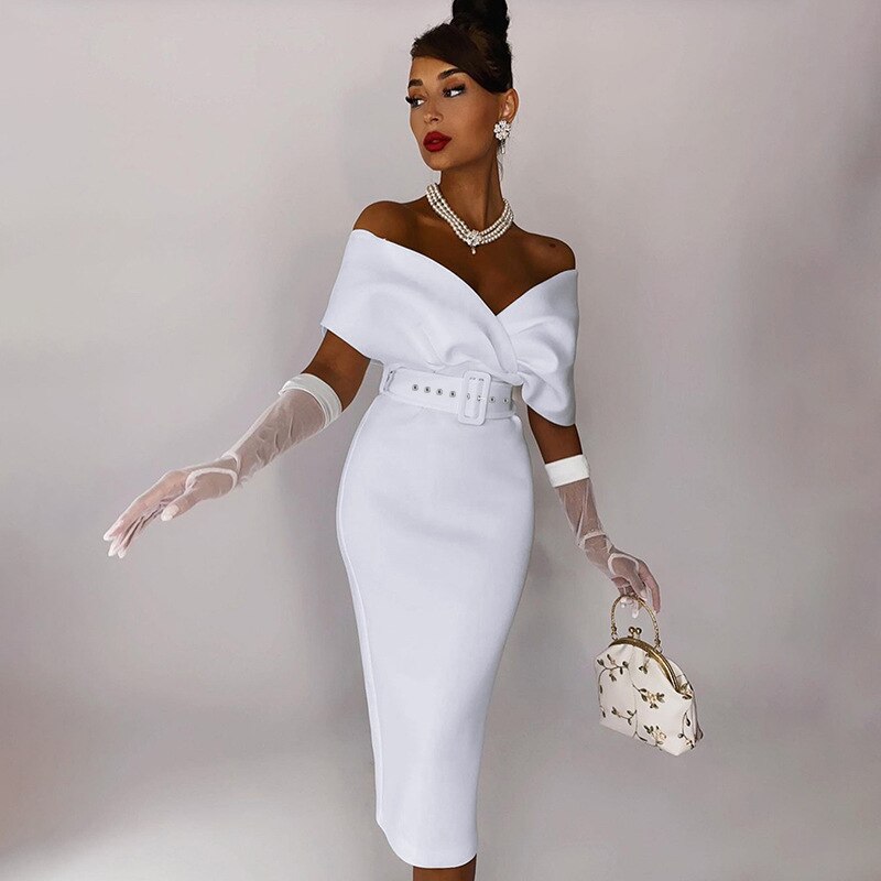 sixsr Women Sexy Elegant Off The Shoulder Dresses Autumn Summer Vintage Streetwear Club Party Female V-Neck Dress With A Belt