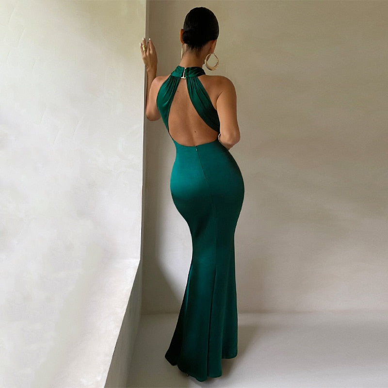 sixsr Sexy Satin Sleeveless Backless Elegant Party Maxi Dresses Women Summer Off Shoulder Bodycon Black Long Dress Formal Female