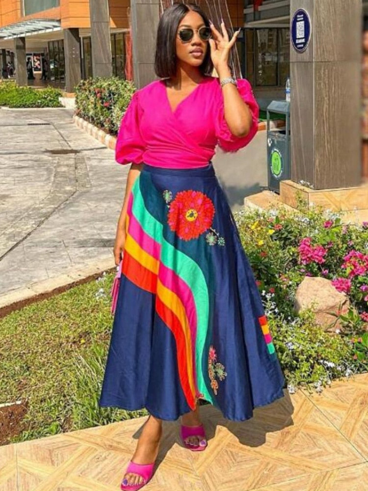 Summer Dresses for Women 2 Piece Outfits Pink Puff Sleeve Wrapped Tops and Midi Printed Swing Skirt Casual Festival Clothing
