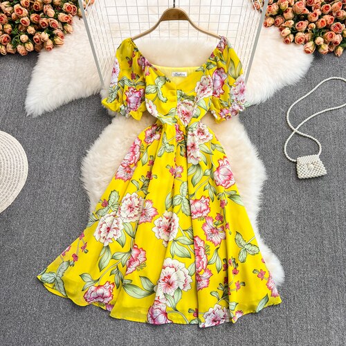 Sixsr Summer Outfits Ladies French Retro V-neck Floral Women Dress Elegant Draped Flowers Short Puff Sleeves Slim Fairy Mid-calf A-line Dress