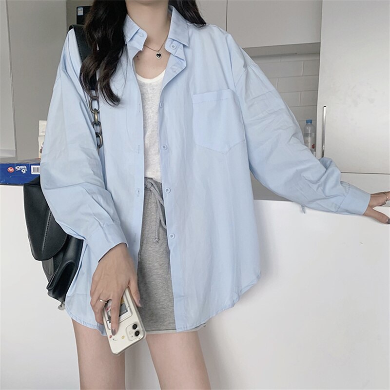 Prink Shirt for Women New Long Sleeve Turn Down Collar Oversized Blouses Office Ladies Korean Fashion Casual Top