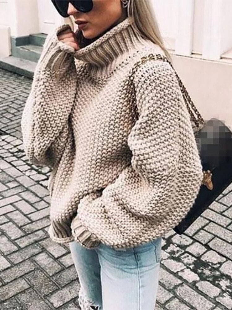 sixsr Womens Fall Fashion Sweater Women Autumn/Winter Turtleneck Doll Sleeve Loose Knit Sweater Fashion Women's Top Sweaters High Quality Thermal