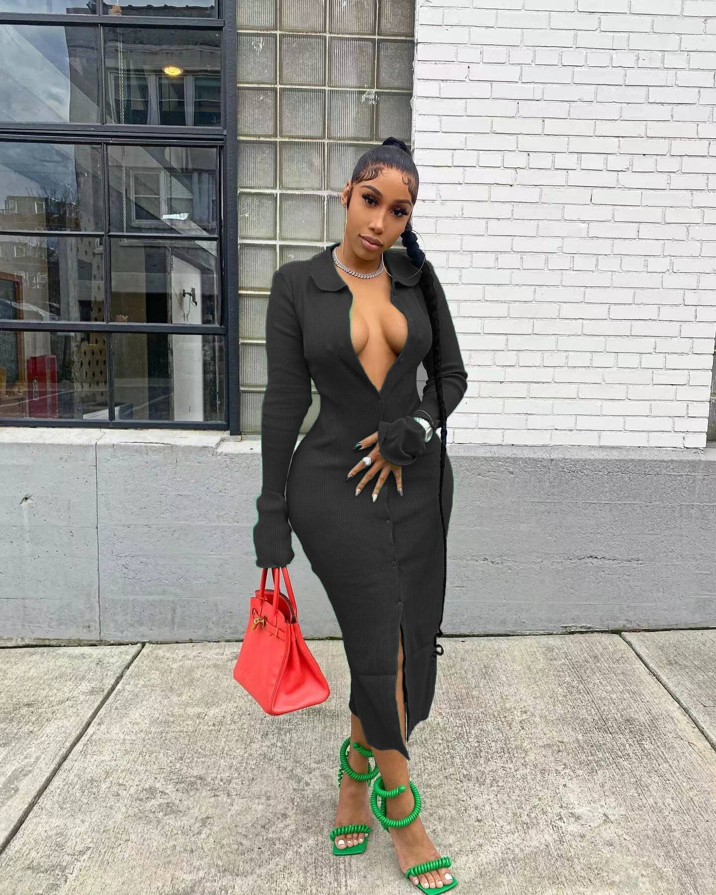 sixsr Womens Fashion Long Sleeve Knitted Button Midi Dress Turn Down Collar Slim Sexy Dresses Autumn Ribbed Robe Women Clothing Vestidos