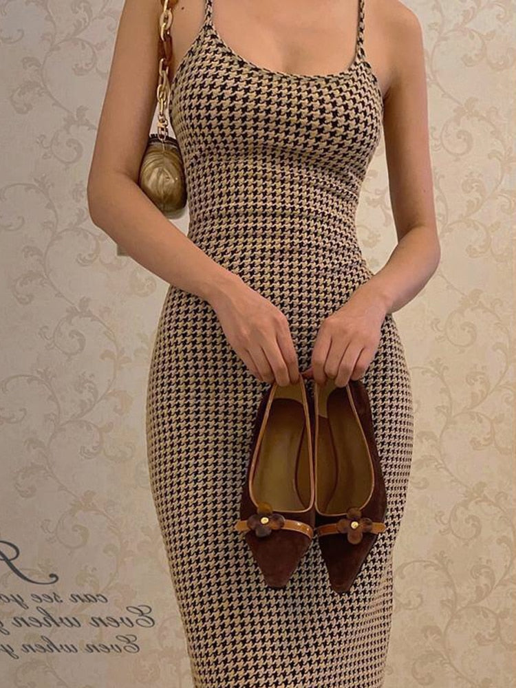 sixsr Women's Dresses Party Sexy Dresses Elegant Summer Women's Houndstooth Print Tight Bandage Dresses Club Gala Party Long Dres