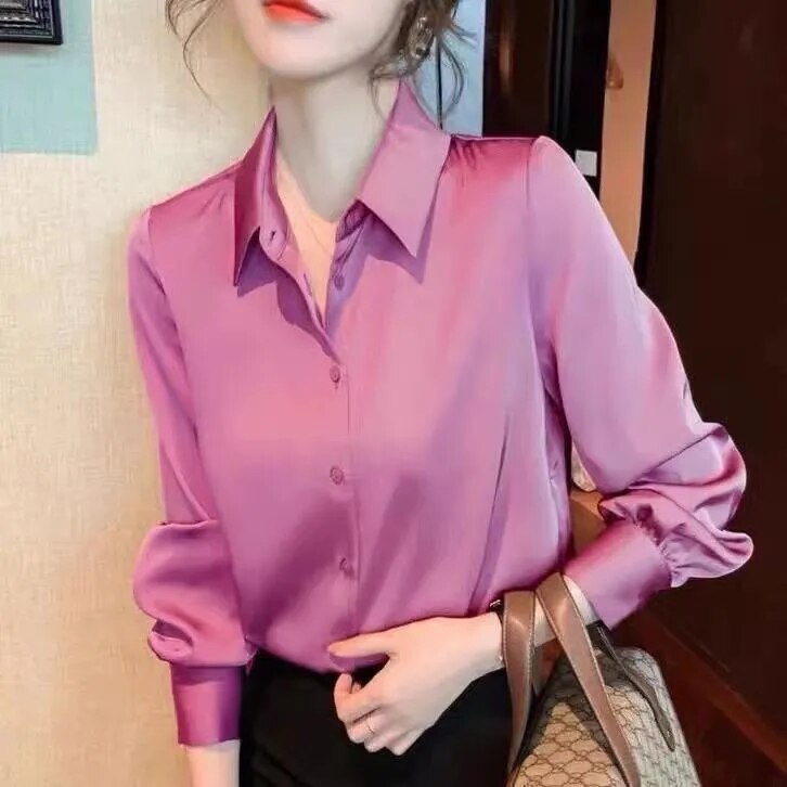 Sixsr Brand Quality Luxury Women Shirt Elegant Office Button Up Long Sleeve Shirts Momi Silk Crepe Satin Blouses for Women Fashion Business Ladies Top