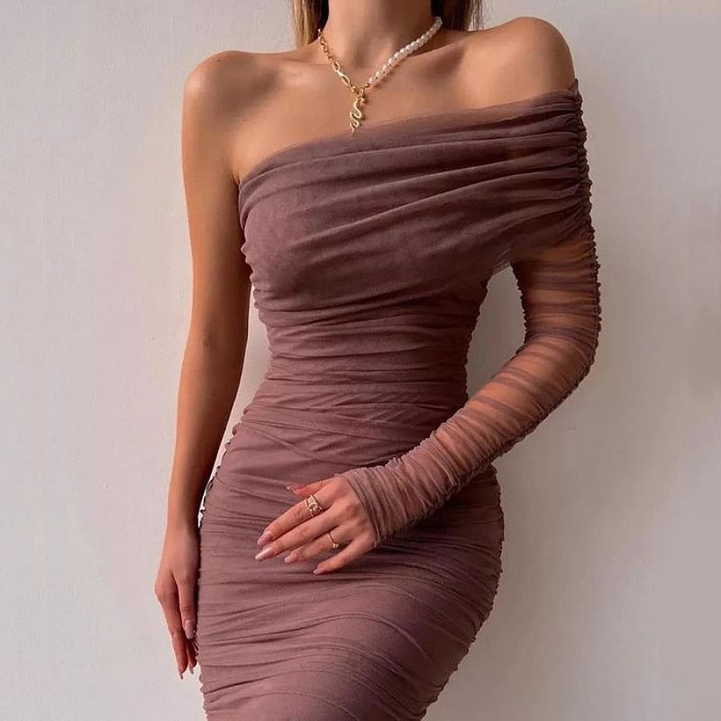 Sexy Diagonal Neck Backless Party Dress Women Fashion One Shoulder Long Sleeve Mesh Dress Elegant Temperament Slim Solid Dresses