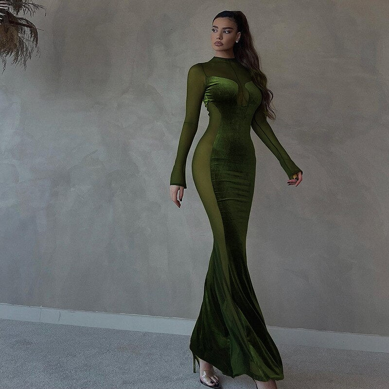 sixsr Womens Fall Fashion Mesh Patchwork O Neck Long Sleeve Maxi Dress Women Autumn Winter Elegant Sexy See Through Party Dresses Club Outfits