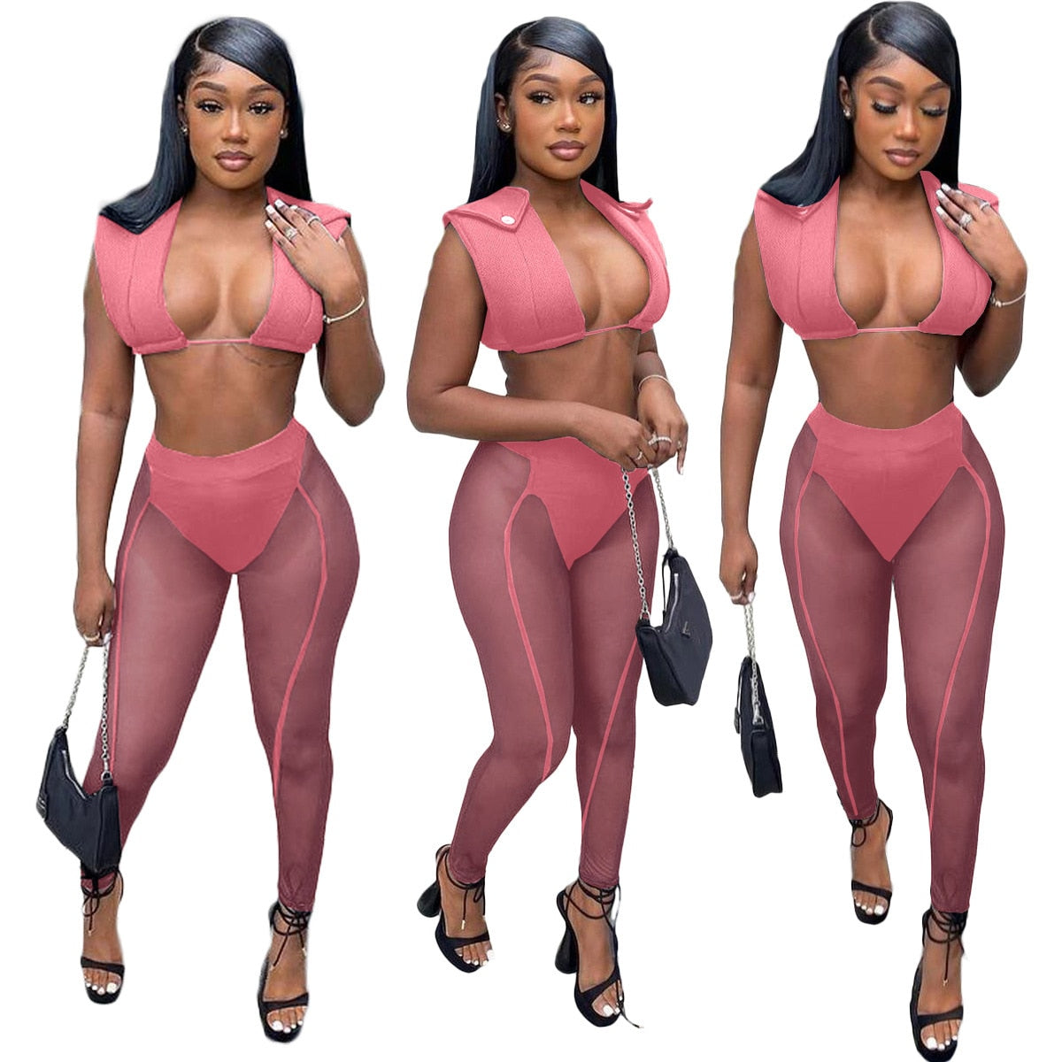 sixsr Womens Fashion 3 Pieces Set Bandage Lace Up Halter Crop Top Sheer Mesh Pants set Party Night Club Outfits Streetwear See Through Cloth