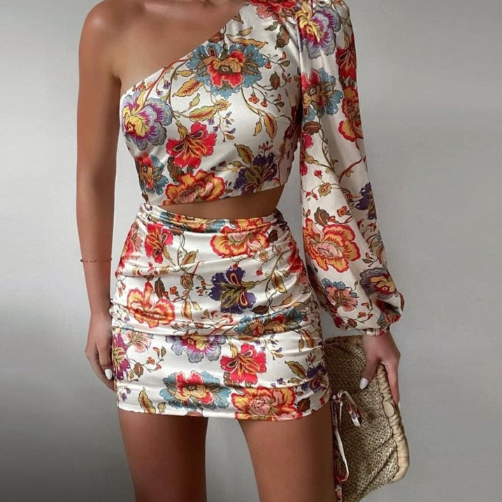 sixsr Women Chic One Shoulder Long Puff Sleeves Crop Top Floral Print Party Bodycon Mini Skirt Set