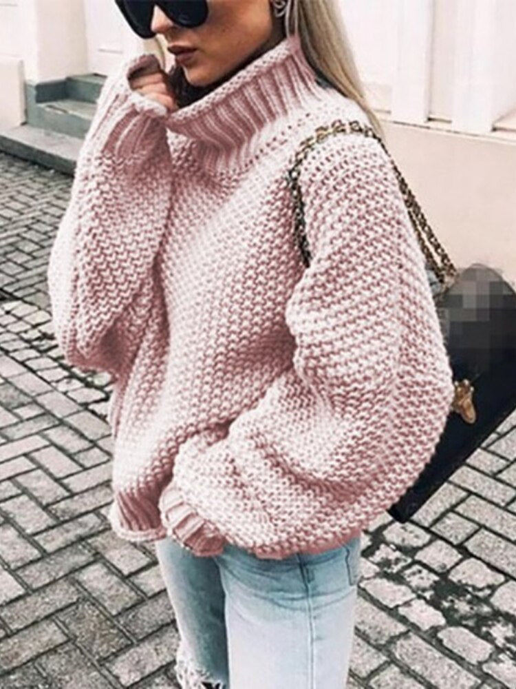 sixsr Womens Fall Fashion Sweater Women Autumn/Winter Turtleneck Doll Sleeve Loose Knit Sweater Fashion Women's Top Sweaters High Quality Thermal