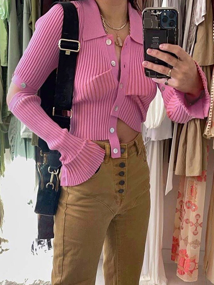 sixsr Fashion Trends Single Breasted Knitted Sweater Women Sexy Long Sleeve Asymmetrical Cardigans Solid Turn Down Collar Autumn Fashion Tops