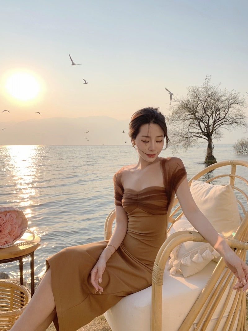 sixsr New YearsEve Dresses For Women Spring Summer Sexy Halter Mesh Patchwork Midi Dress Elegant Bodycon Slim Party Vestidos Female Fashion Vintage Clothes