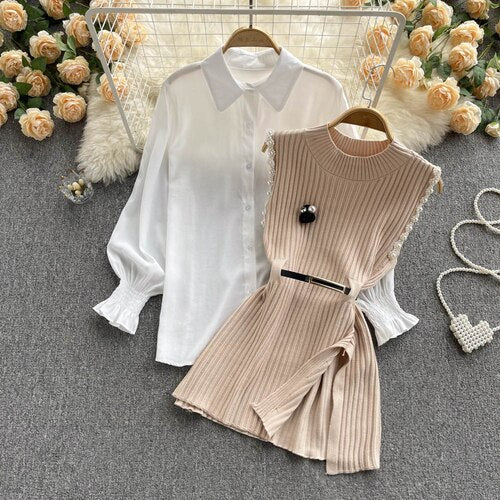 Sixsr Spring Outfits Women Sleeve White Shirt Fashion Two Piece Suit Red Cotton Sweater Vest Lady Casual Preppy Style White Belt