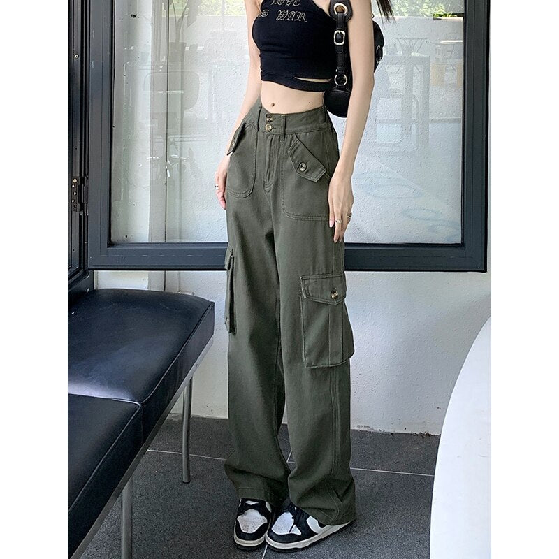 Cargo Pants for Women New High Waisted Pockets Korean Baggy Wide Leg Pants Streetwear Casual Full Length Pants