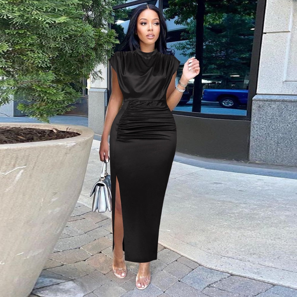sixsr Women Dress Pleated Long Wine Red Elegant Slit High Collar Slim Fit Sleeveless Maxi Robes Female Shiny Gowns Party  Spring
