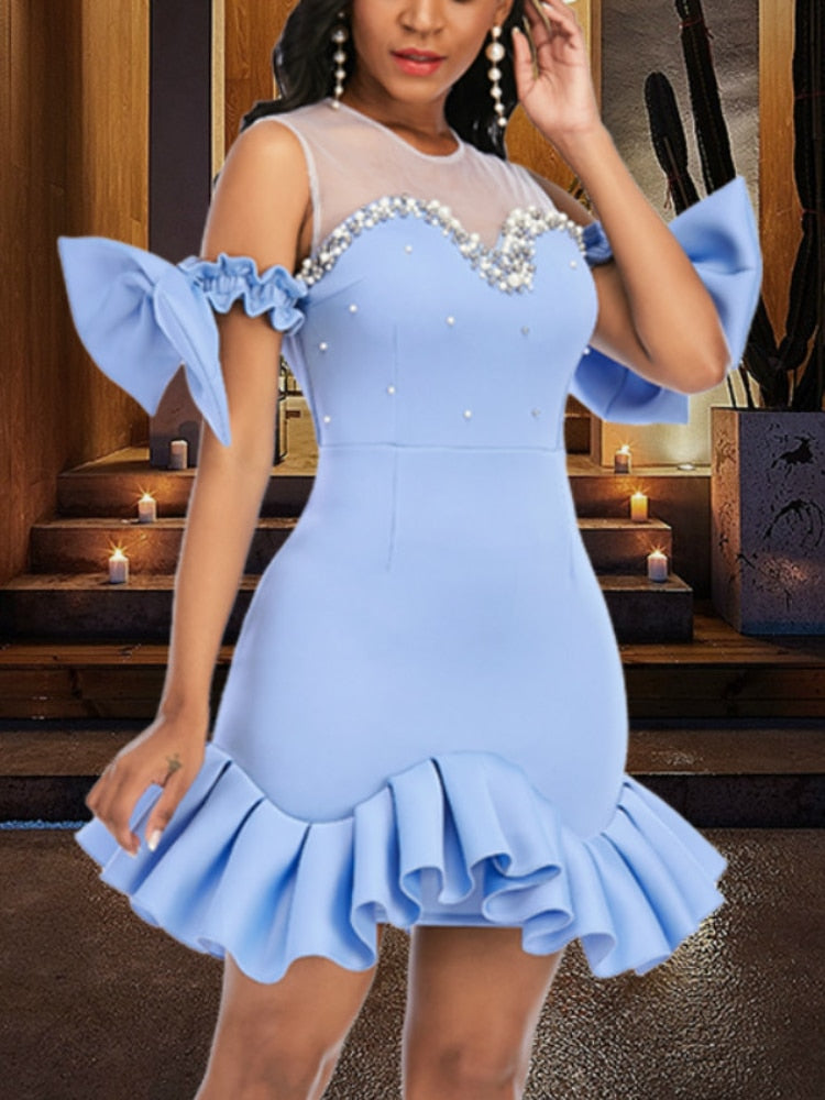 sixsr Fashion Trends Women Party Dress Ruffles Mesh Patchwork Bead Sexy with Bowtie Lovely Christmas Event Elastic Bodycon Backless Celebrate Vestido