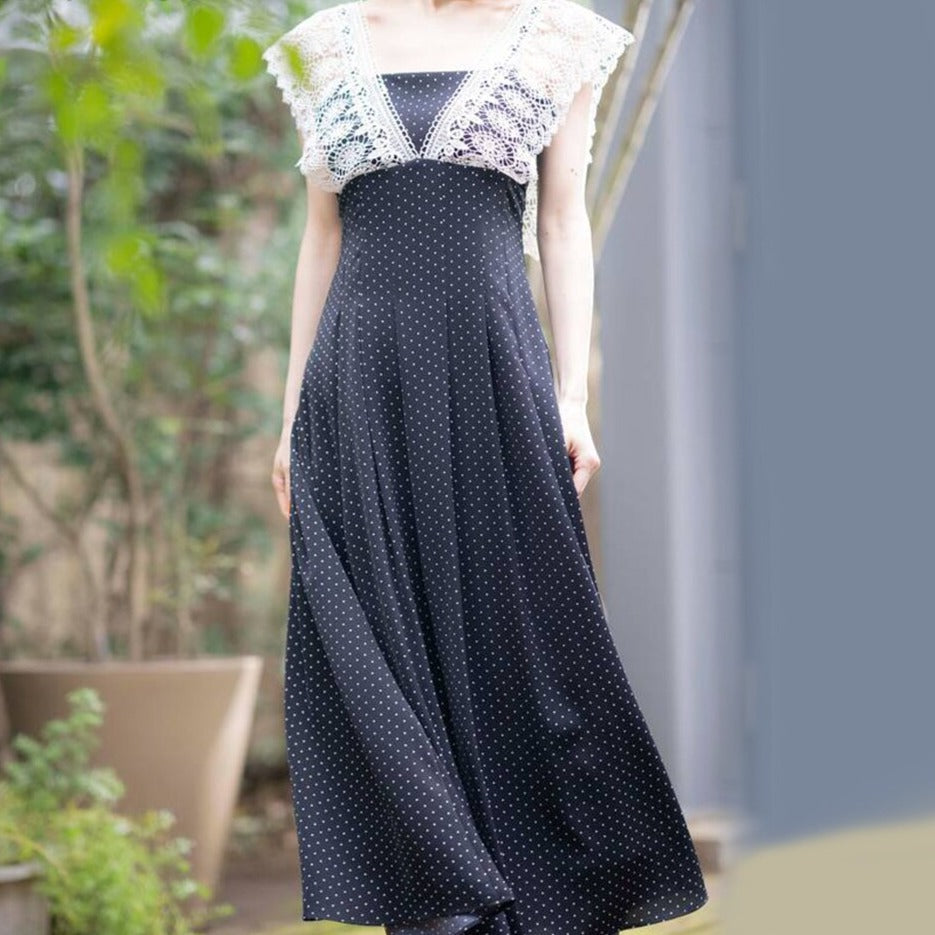 sixsr Hot Sales Lace Ruffle Long Dress Patchwork Elegant Vintage High Waist Sleeveless Lace Dot Dresses Woman Summer Sweet Dress New