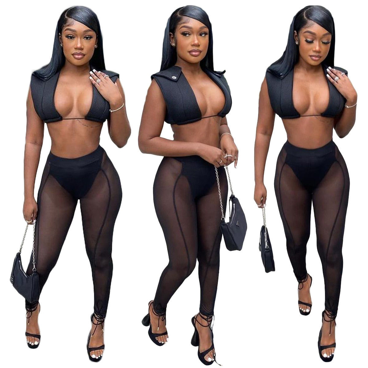 sixsr Womens Fashion 3 Pieces Set Bandage Lace Up Halter Crop Top Sheer Mesh Pants set Party Night Club Outfits Streetwear See Through Cloth